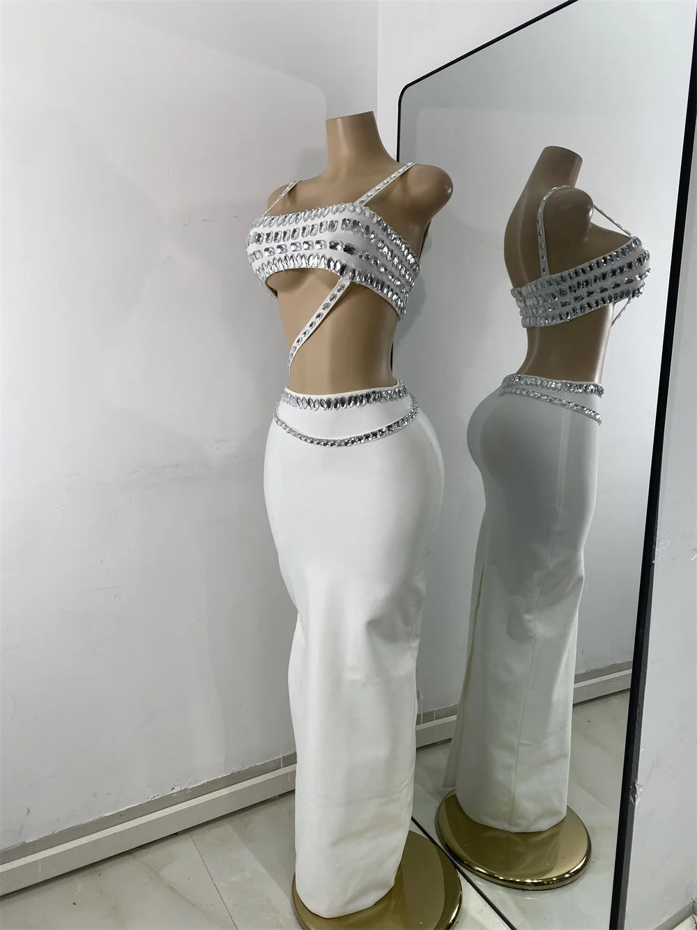 Luxus Kristall Diamanten Top Rock Zweiteiler Damen Bandage Sets Weiß Schwarz Gestrickt Celebrity Abend Geburtstag Party Outfit