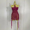 Sexy Sparkly Sequin Diamond Mesh Transparent Two Piece Set Women Celebrate Evening Party Birthday Dress Stage Photo Shoot Wear