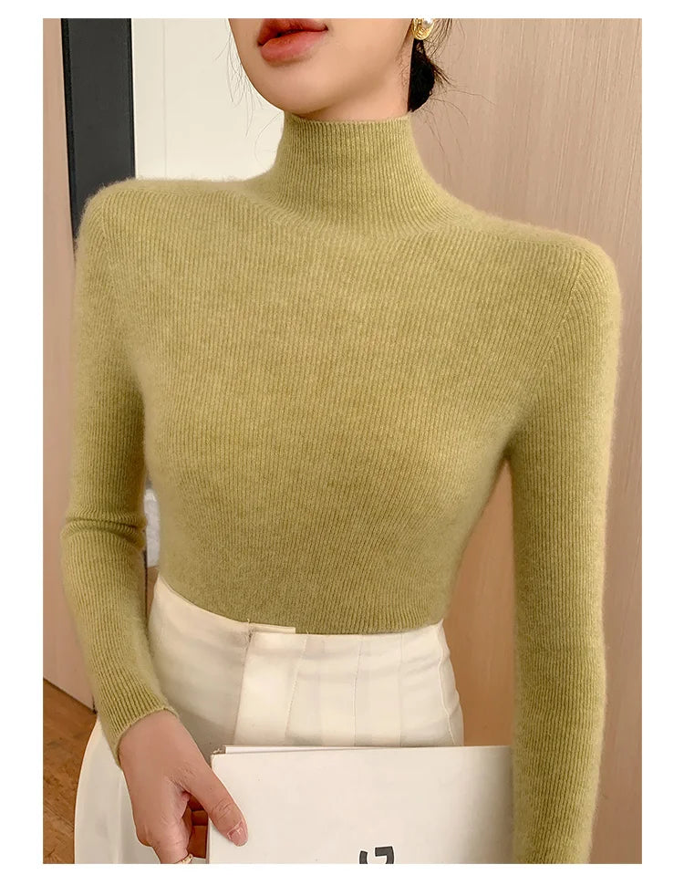 Damen Rollkragen-Basics Kaschmirpullover Herbst Winter Pullover 100% Merinowolle Strickwaren Damen Weicher schmaler Strick Neuer Top