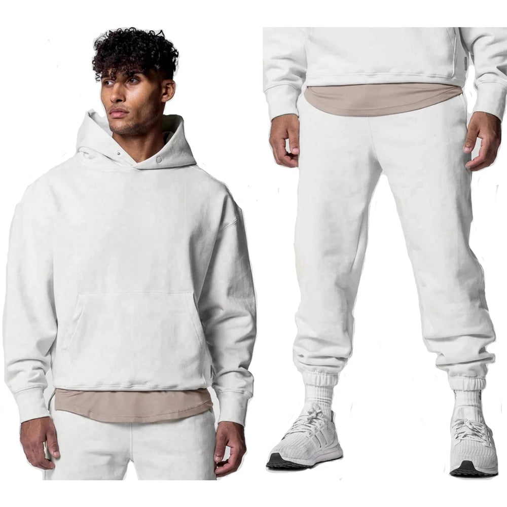 Men's Thick Cotton Training Sets Hoodie Casual Sports Pullover Hooded 2-piece Top with Pants Sweatshirts Gym Running Tracksuits