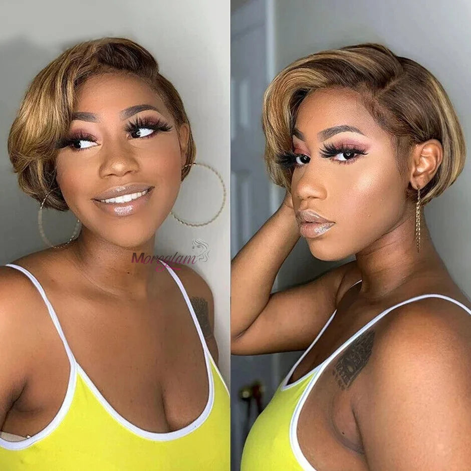 Kurze Bob Perücke Pixie Cut Perücke Glatte Echthaarperücken 13x4 Transparente Lace Front Perücke Für Frauen Highlight Glatte Pixie Cut Perücke