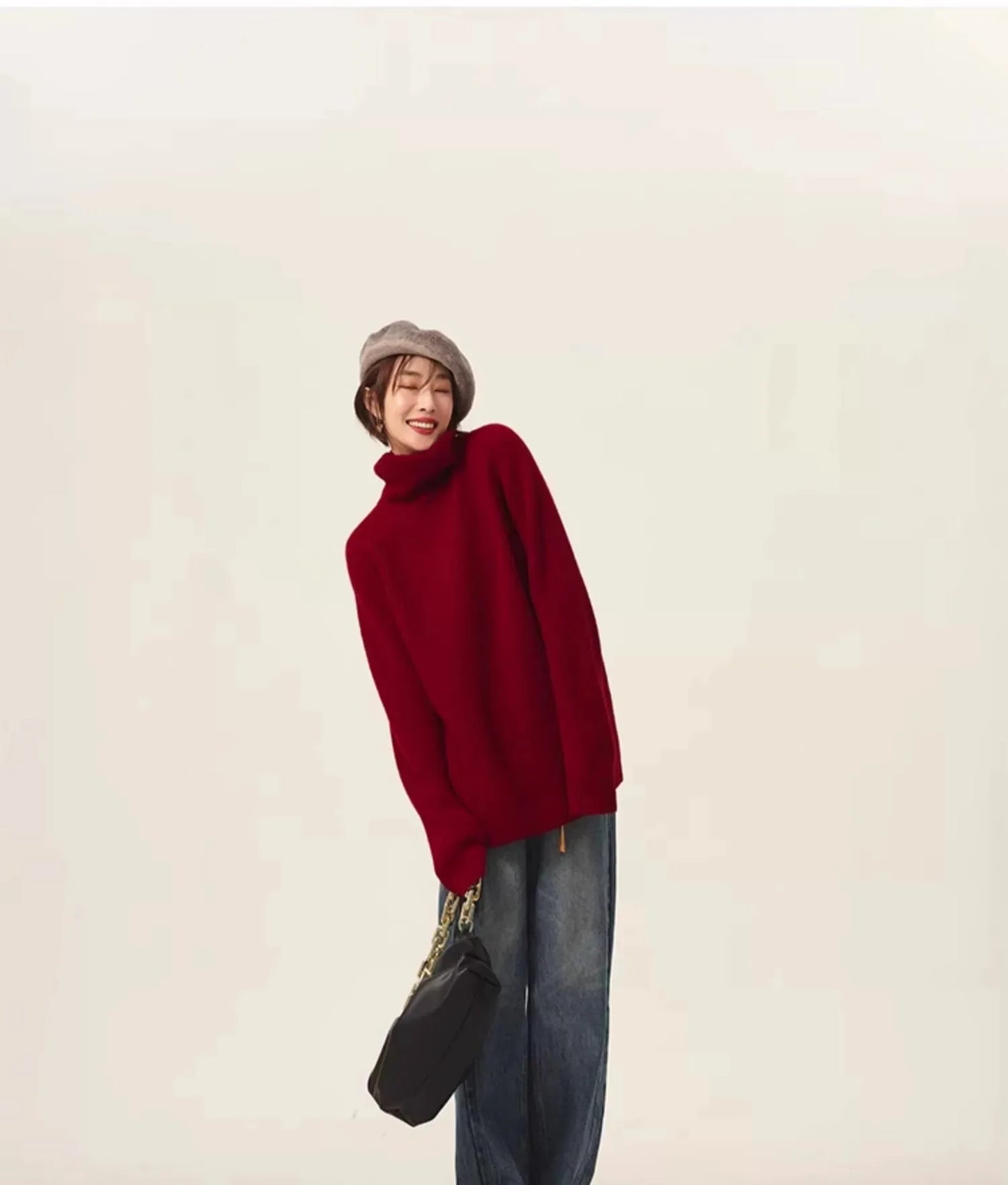 Rollkragenpullover 100% Kaschmir Pullover Damen lose verdickend Anti-Aging Nische Vintage Roter Rundhals-Pullover Damen Langarm