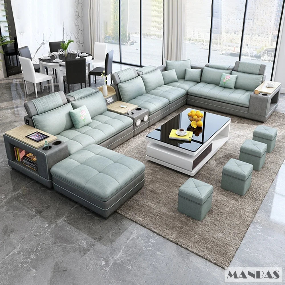 MINGDIBAO Nordische Stoff-Sofagarnitur mit Bluetooth-Lautsprecher & USB – Modernes Modulares Wohnzimmer-Sofa, Großes U-förmiges Ecksofa aus Stoff