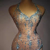 Sparkly Rhinestone V Neck Stretch Mesh Sexy See Through Dress Women 2024 Designer Party Celebrate Performance Costume Stage Wear