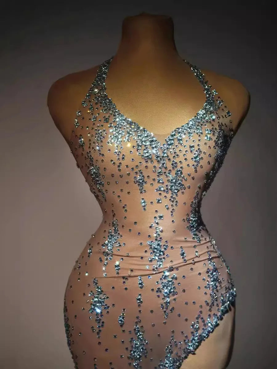 Sparkly Rhinestone V Neck Stretch Mesh Sexy See Through Dress Women 2024 Designer Party Celebrate Performance Costume Stage Wear