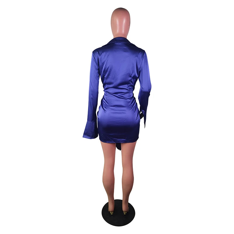 2023 Elastic Elegant Single Breasted Dress Retro Lapel Satin Tight-fitting High Waist Wrap Hips Ruched Short Dress Sexy Clubwear