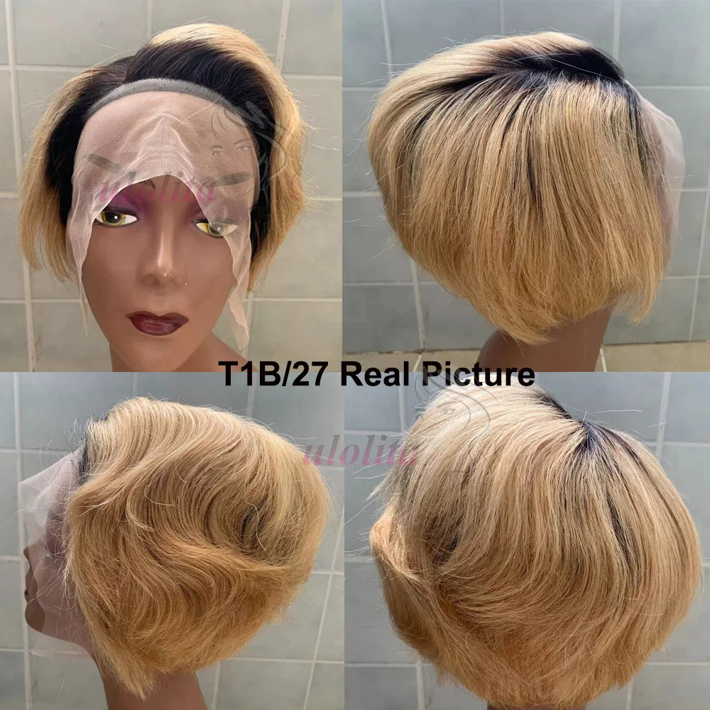 Kurze Bob Perücke Pixie Cut Perücke Glatte Echthaarperücken 13x4 Transparente Lace Front Perücke Für Frauen Highlight Glatte Pixie Cut Perücke