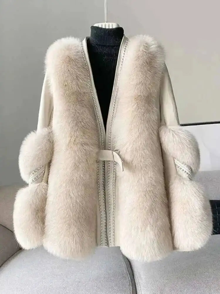 DEAT Fashion Temperament Thickened Fur Coat Cardigan Women Top-Quality Leather Patchwork Long Sleeve Jacket 2024 Winter 11SX023