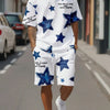 Fashion Men's Black and White Flower Graphic Print T-shirt Shorts 2-piece Set O-neck Short Sleeve Top Elastic Waist Shorts Set