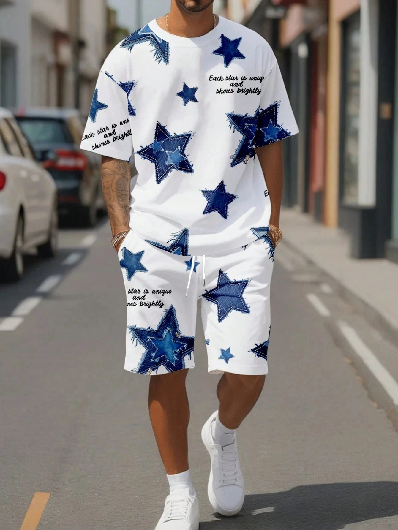 Fashion Men's Black and White Flower Graphic Print T-shirt Shorts 2-piece Set O-neck Short Sleeve Top Elastic Waist Shorts Set