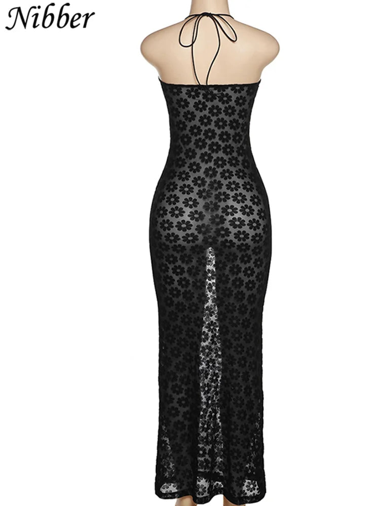 Nibber Solid Color Hanging Neck Maxi Dress Sexy Hollow Women Perspective Bag Hips Robe Female Street Trendy Dresses Clothing
