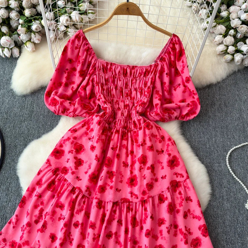 2024 Neues Sommer Blumenmuster Maxikleid Damen Vintage Eckiger Ausschnitt Geraffte Brust Schärpe Bandage Sommerkleid Partykleid
