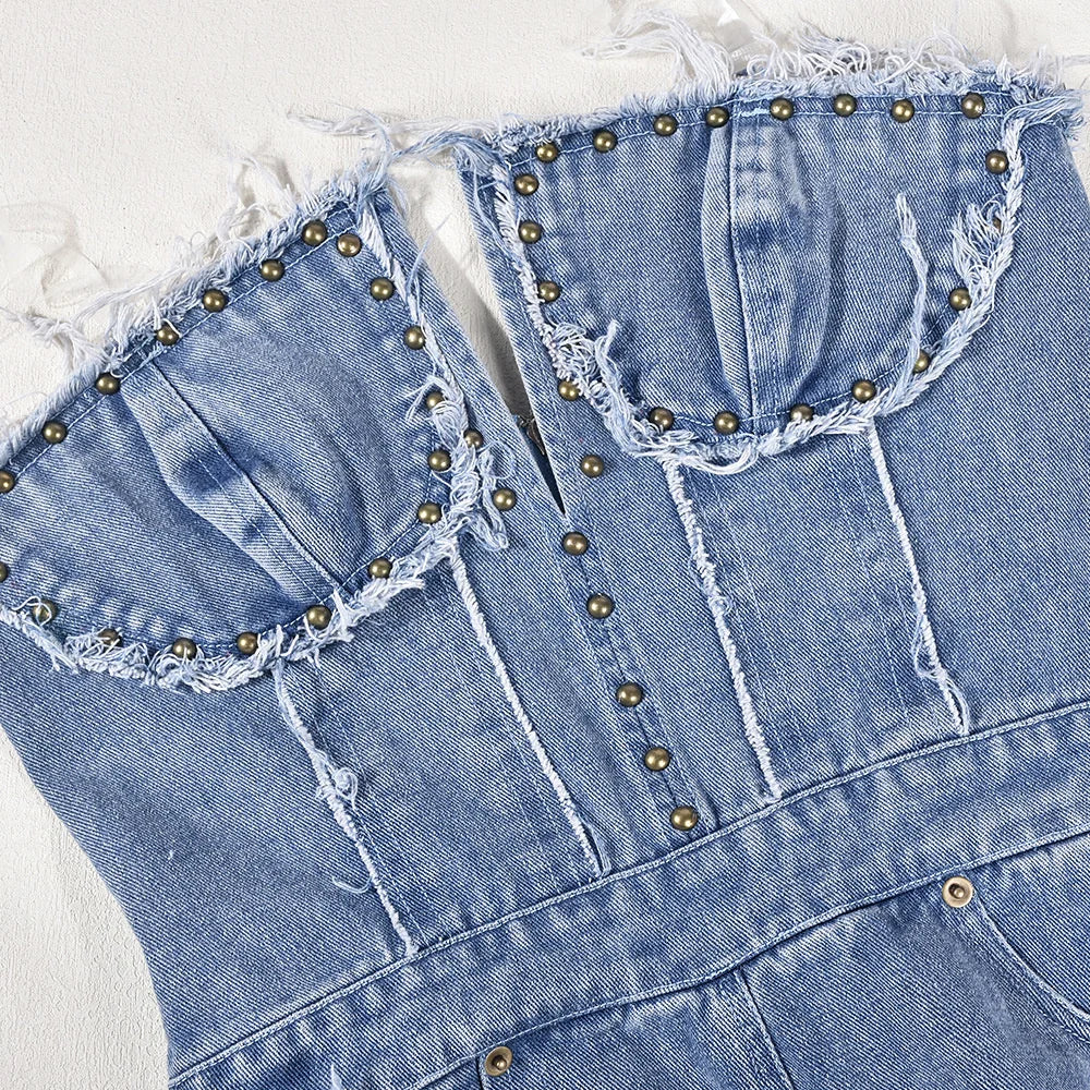 Sibybo Quaste Hollow Out Overalls für Damen Nieten Strass Trägerlos Rückenfrei Jeans Street Fashion Trend Jumpsuit Femme