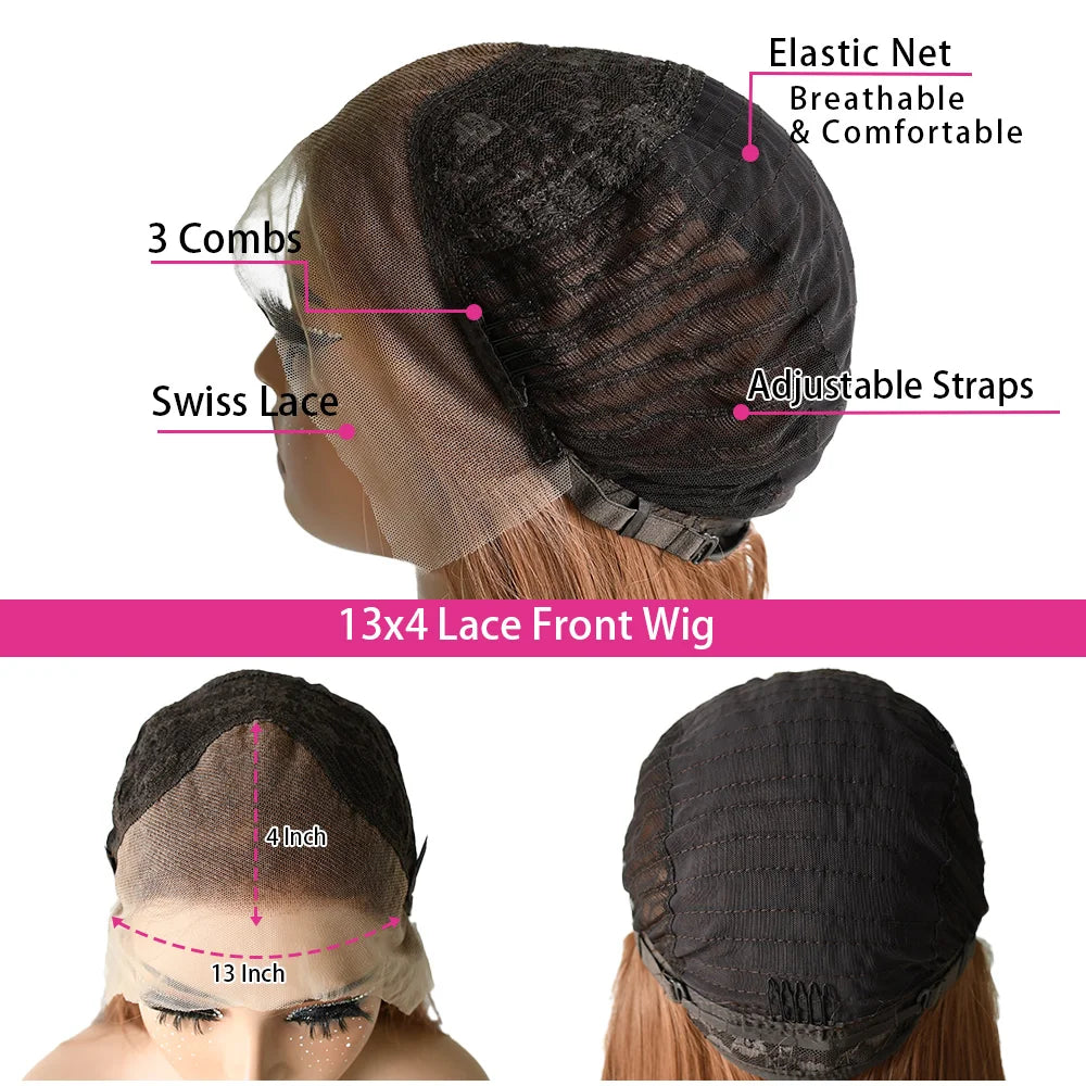Light Brown Short Bob Layered Lace Front Wig With Bangs Straight Lace Frontal Wig 13x4 Glueless Synthetic Heat Resistant Cosplay