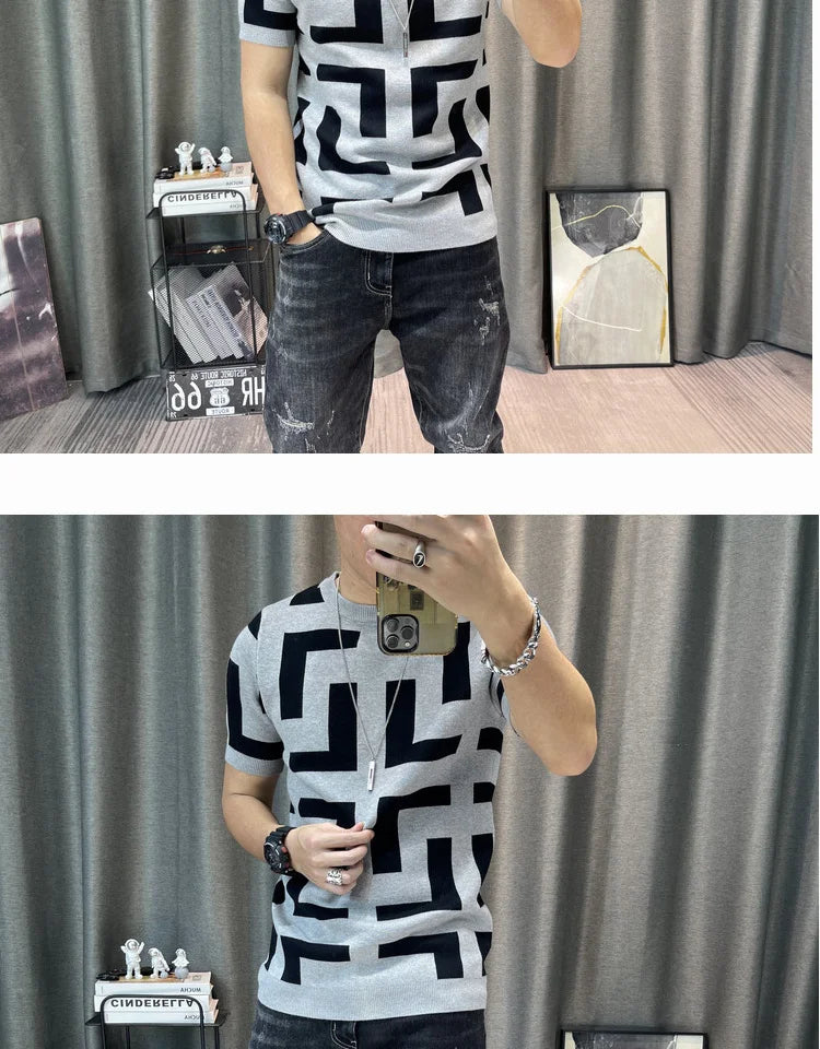 Luxury Men Autumn Knitted Tshirt 2024 Korean O-neck Short Sleeve Top Tees Streetwear Male Social Club Slim Fit Casual T-Shirt