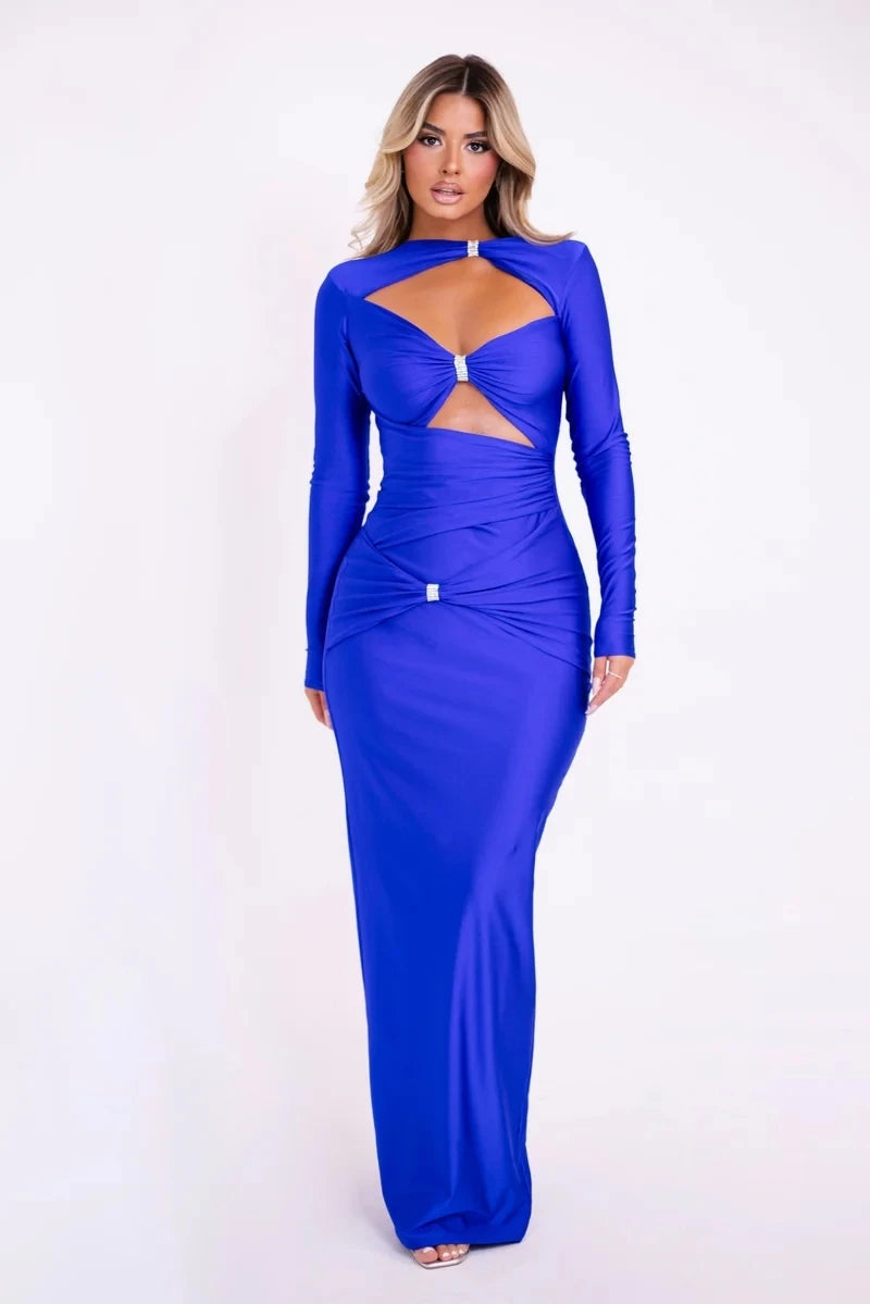 Articat Sexy Hohl Saum Langarm Elastisches Enges Kleid Damen Falten Doppellagig Weibliche Vestidos Elegantes Party Abendkleid