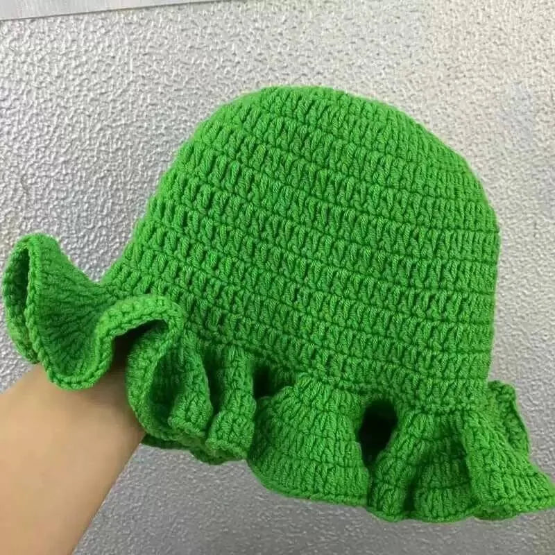 Handgestrickte Mütze mit plissierten Rüschenkanten und Spitze für Damen und Herren, originelle und kreative Mütze für Erwachsene