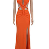 Beyprern Women's Cut-Out Ruched Maxi Dress Orange Sexy Halter Neck Backless High Slit Bandage Party Dresses Birthday Outfits