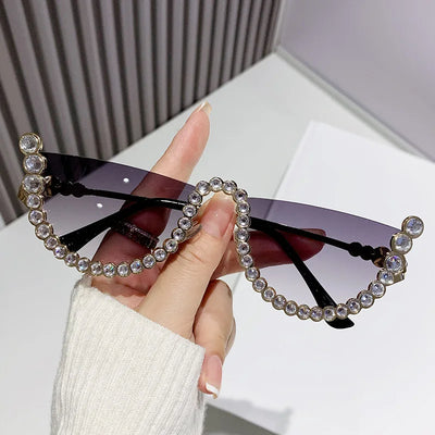 Luxusmarke Designer Diamant Halbrahmen Sonnenbrille Damen Für Weibliche Vintage Fashion Sonnenbrillen Punk Strass Kristall Metall