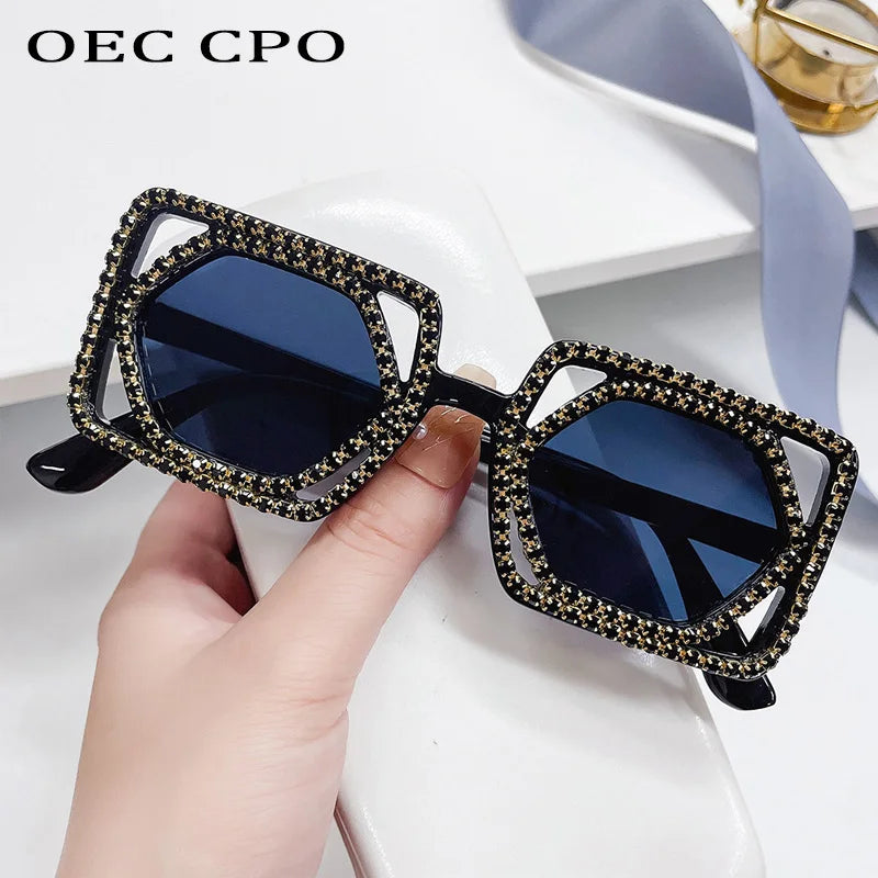 Quadratische Luxus Diamanten Sonnenbrille Damen Punk Mode Strass Sonnenbrille Weiblich Glänzend Sexy Gelbe Linse Brille Schatten Handgemacht