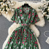 2024 Summer Women Floral Pleated Dress Vintage Turn-Down Collar Short Sleeve Single Breasted Printed Draped Midi Vestidos New