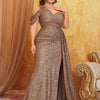 Glänzendes Off-Shoulder-Brautjungfernkleid für Bankett in großen Größen, Bodenlang, für Hochzeitsbankett, Abendkleid, 4XL 5XL