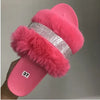 Women Fur Rhinestone Slippers Platform Wedges Without Heel Fluffy Furry Slides Flat Flip Flops Shoes Ladies Shiny Bling