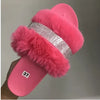 Women Fur Rhinestone Slippers Platform Wedges Without Heel Fluffy Furry Slides Flat Flip Flops Shoes Ladies Shiny Bling