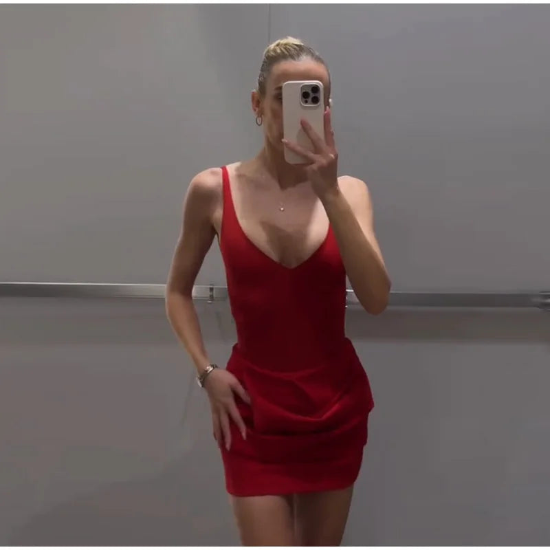Sexy Pleated Strap Romper Set Women Red Sleeveless Backless U-neck Mini A-line Skirt Female 2025 Fashion Summer Solid Party Suit
