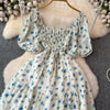 2024 Neues Sommer Blumenmuster Maxikleid Damen Vintage Eckiger Ausschnitt Geraffte Brust Schärpe Bandage Sommerkleid Partykleid