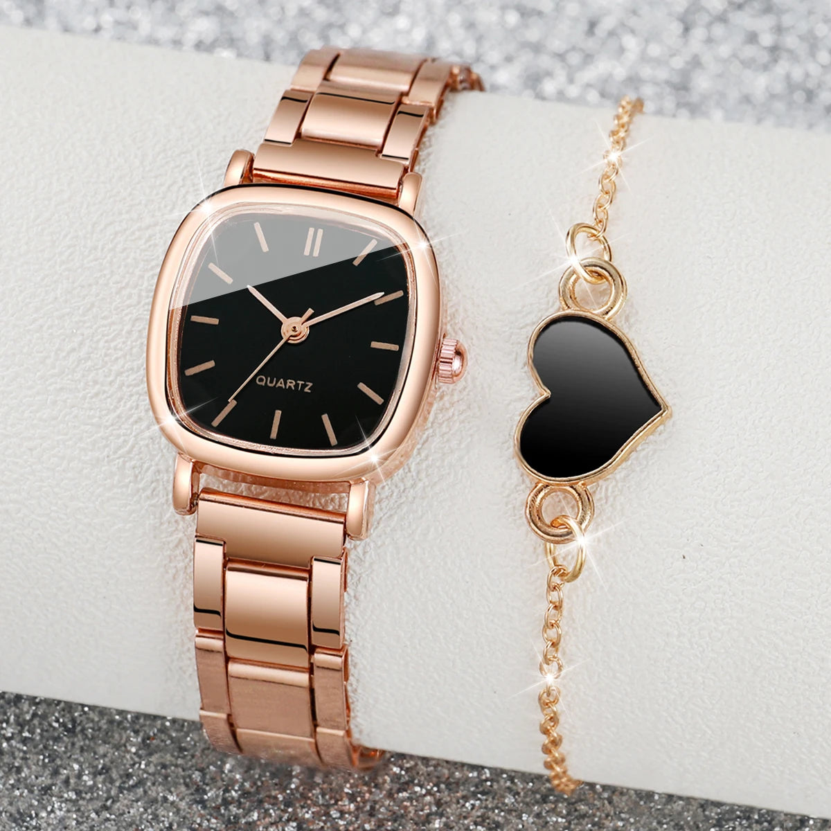 2 Teilesatz Damen Mode Edelstahl Quarzuhr & Liebe Herz Armband