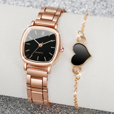 2 Teilesatz Damen Mode Edelstahl Quarzuhr & Liebe Herz Armband