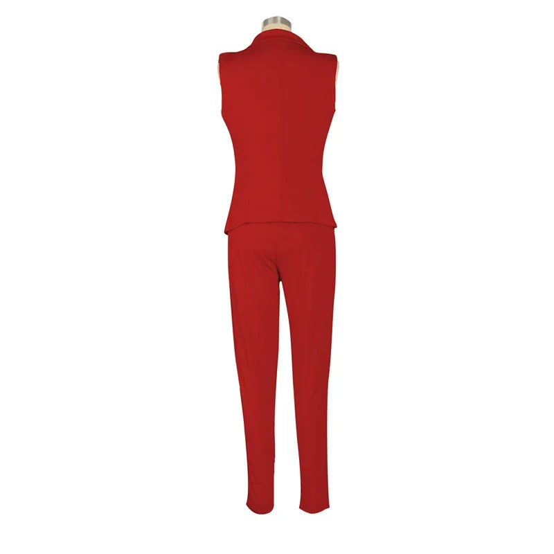 Business OL Work Wear Two Piece Pant Suits for Women Set Elegant Sleeveless Blazer Top + Pencil Pants Office Lady Matching Sets