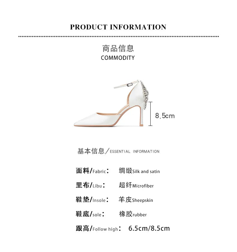 Baotou Hohle High Heels Damen Sandalen Spitz Dünne Ferse Ein-Wort-Schnalle Strass Hochzeitsschuhe Brautschuhe