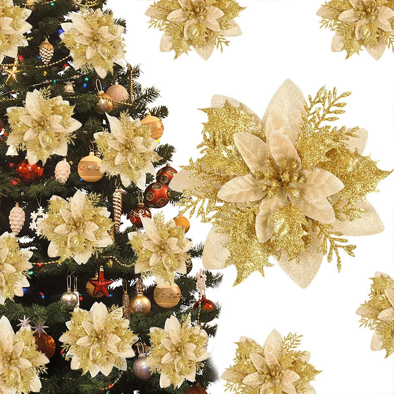3/10Stück 14cm Weihnachtsblumen Glitzer Rot Gold Blütenkopf Weihnachtsbaumschmuck Neujahrsdekorationen für Zuhause Navidad Noel Geschenke