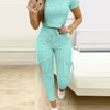 Tight Solid Color Two Piece Set Women Cropped T Shirt Slim Long Pants Pocket Ladies Sets 2025 Spring Summer Sportswear
