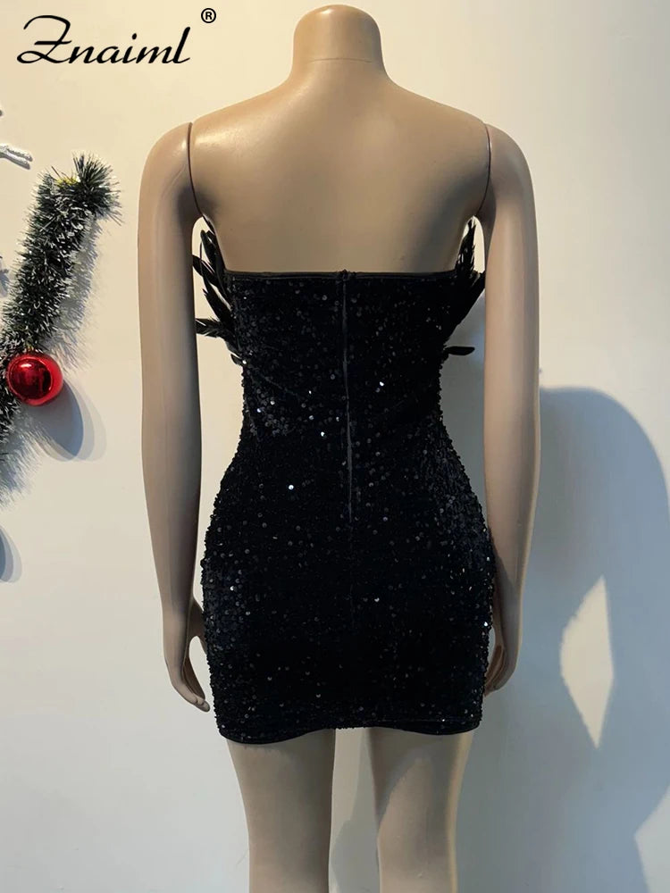 Znaiml Luxuriöse Geburtstagskleider für Damen, mit Federn, Pailletten, trägerlos, tiefem V-Ausschnitt, Schwarz, eng anliegend, Mini-Kleider, sexy Club Party Nacht Abschlussball Robe