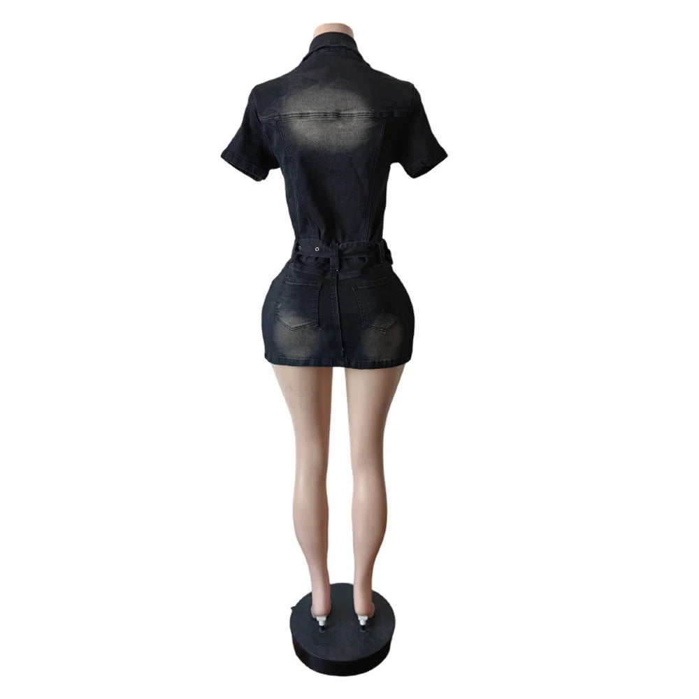 2025 Neues Jeanskleid Kurzarm Damen Schick Sexy Sommer Elegant Schmal Stretch Acid Wash Vintage Gürtel Jeans Bodycon Kleider