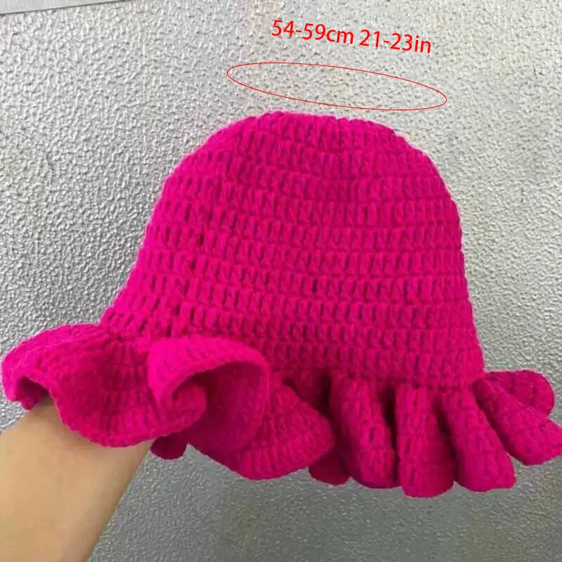 Handgestrickte Mütze mit plissierten Rüschenkanten und Spitze für Damen und Herren, originelle und kreative Mütze für Erwachsene