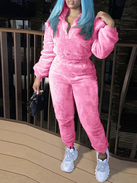 Winter New Plush Two Piece Set Casual Home Warm Suit For Women Fashion Zipper Lapel Pullover Top Elastic Waist Trousers Suit