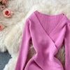 YuooMuoo Autumn Winter 2025 Women Dress Elegant Cross V-neck Slim Waist Knitted Bodycon Dress Korean Office Lady Vestidos