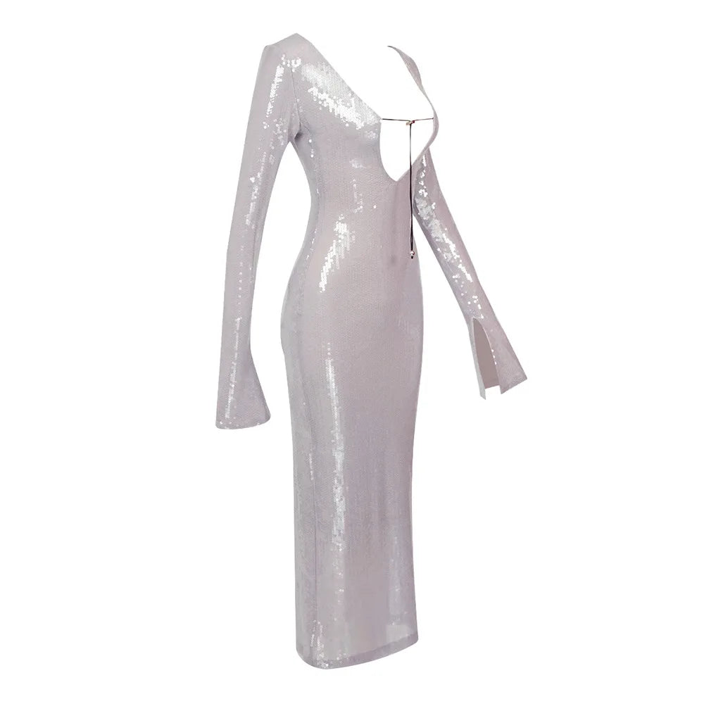 Abendkleid Damen Elegant Pailletten Tiefer V-Ausschnitt Langarm Midikleid Sexy Luxuriös Rückenausschnitt Schnürung Knöchellang Bandage Partykleid