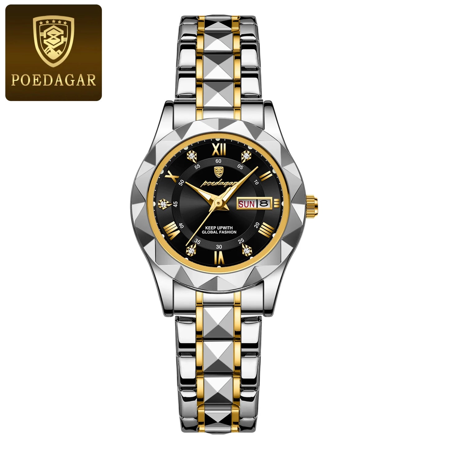POEDAGAR Luxuriöse Damen-Kleideruhr, leuchtend, wasserdicht, Wochen- und Datumsanzeige, Damenarmbanduhr, Edelstahl-Damenquarzuhr reloj+box