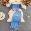 Women Denim 2 Piece Sets Long Skirt Top Suit Skirts Tops Single Breasted Outfits Washed Distressed 2025 Summer Casual Ensemble