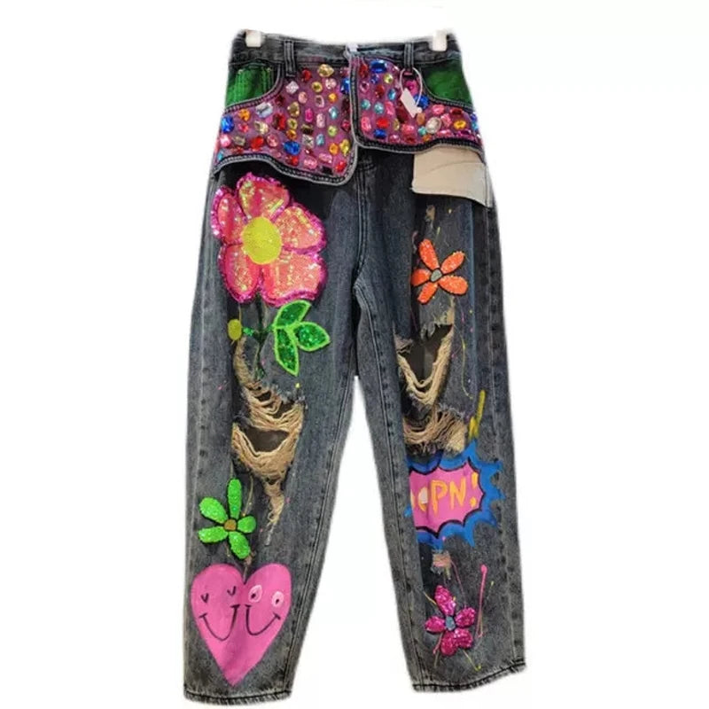 Fashion Rhinestone Washed Ripped Graphic Jeans Street Style Women's Denim Pants High Waisted Beaded Sequin Straight-Leg Jean