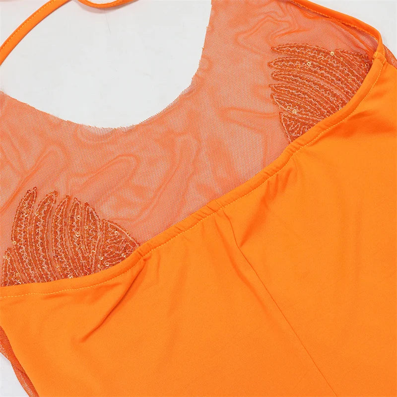 Bodycon Women Backless Lace Up Halter See Through Sequins Mesh Patchwork Sexy Party Dress Feather Hem Fashion Night Club Dress