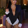 Joskaa Damen Spitze Patchwork Schwarzer Blazer Bodysuit Sexy Tiefer V-Ausschnitt Langarm Einteiler Romper Coquette Midnight Clubwear