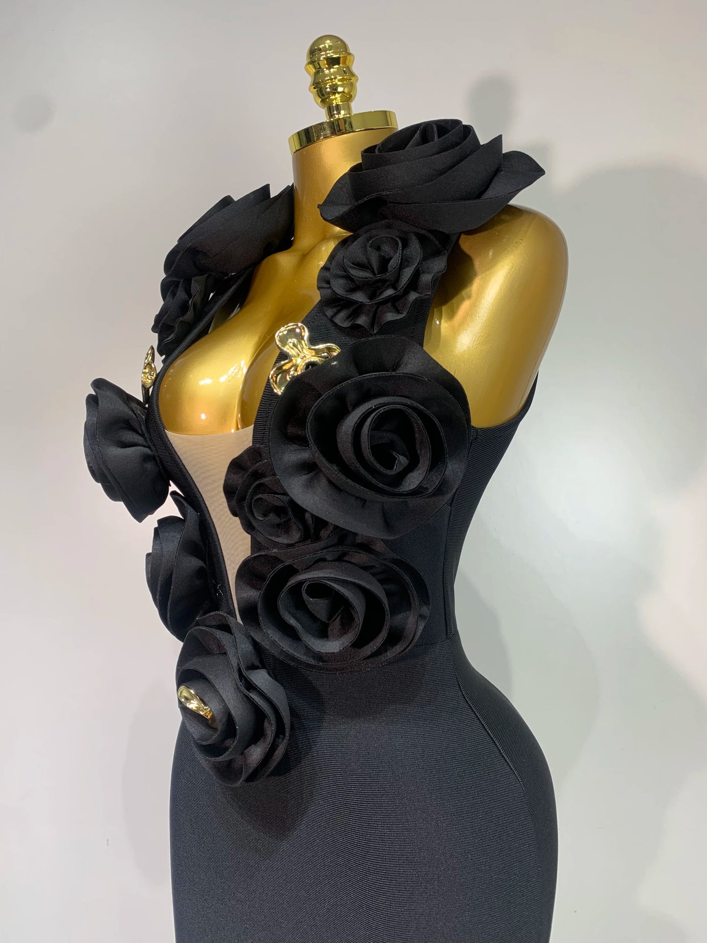 Mode Schwarz 3D Blumen Bodycon Langes Bandage Kleid Celebrity Elegantes Party Geburtstagskleid Damen Ärmellose Sexy Vestidos