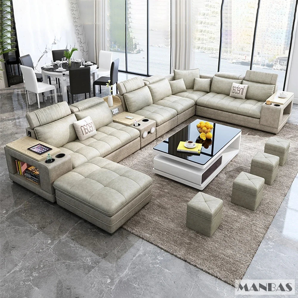 MINGDIBAO Nordische Stoff-Sofagarnitur mit Bluetooth-Lautsprecher & USB – Modernes Modulares Wohnzimmer-Sofa, Großes U-förmiges Ecksofa aus Stoff