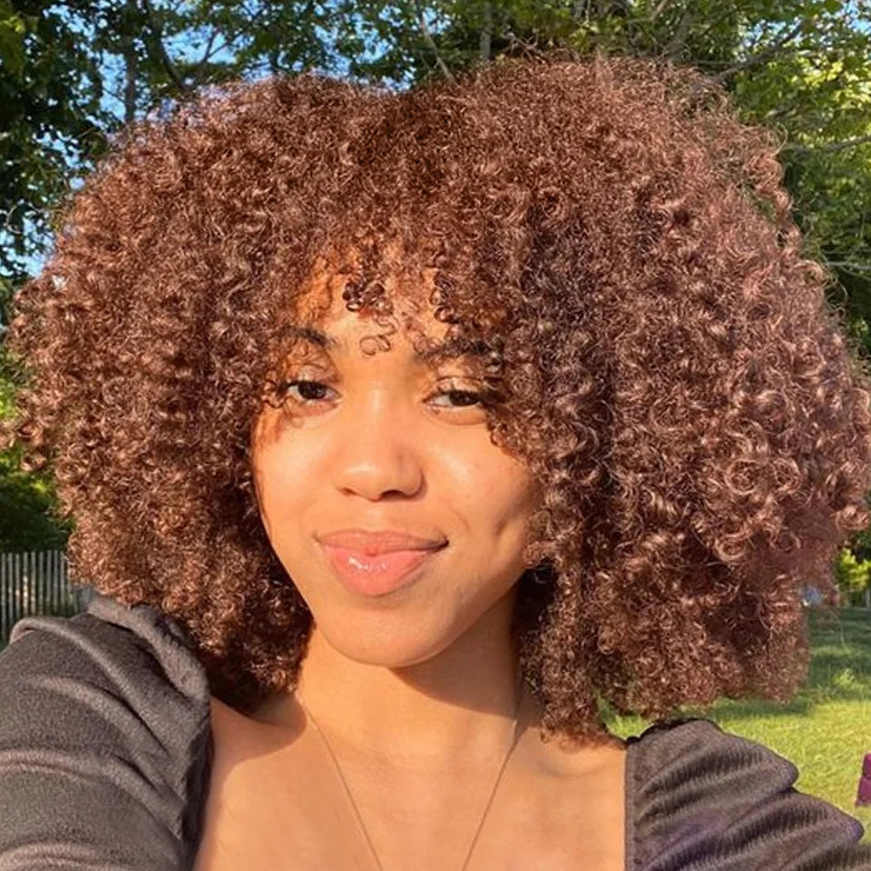 250D Braun Afro Kinky Curly Echthaarperücken mit Pony Zum Tragen Glueless Perücke Remy Brasilianische Kurze Lockige Echthaarperücke